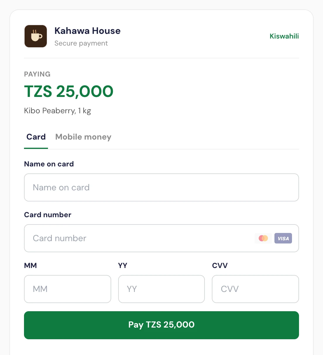 Checkout with a green brand colour