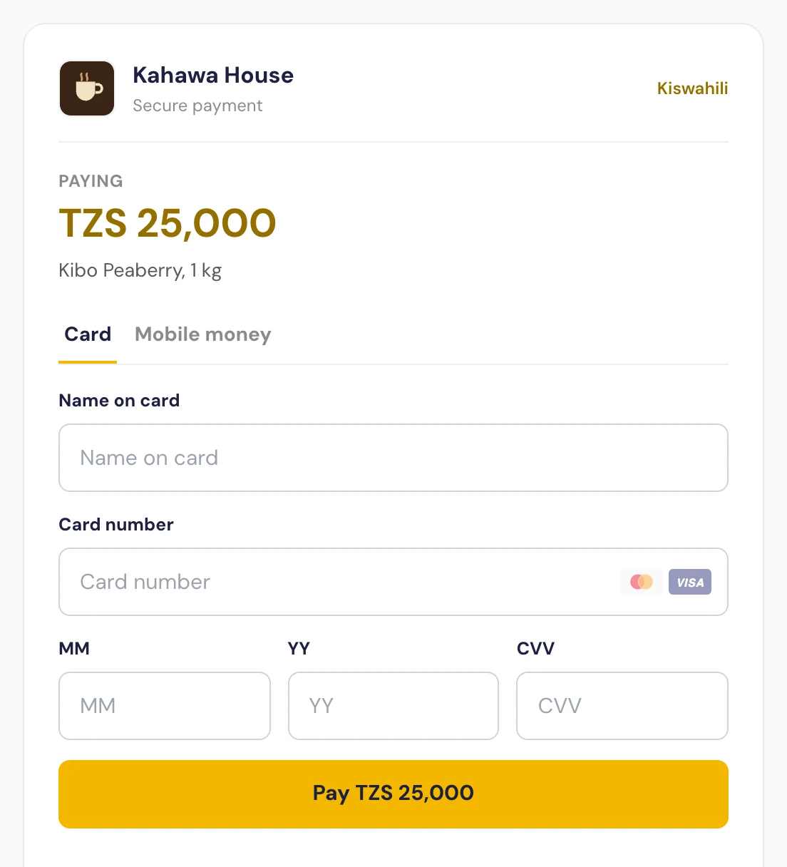 Checkout with a yellow brand colour: the pay button text is dark and the amount uses a deeper shade