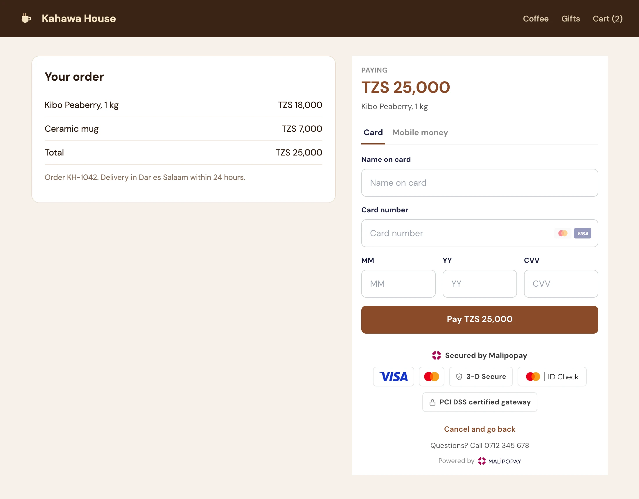 A shop's cart page with the order summary on the left and the compact checkout inside the page on the right