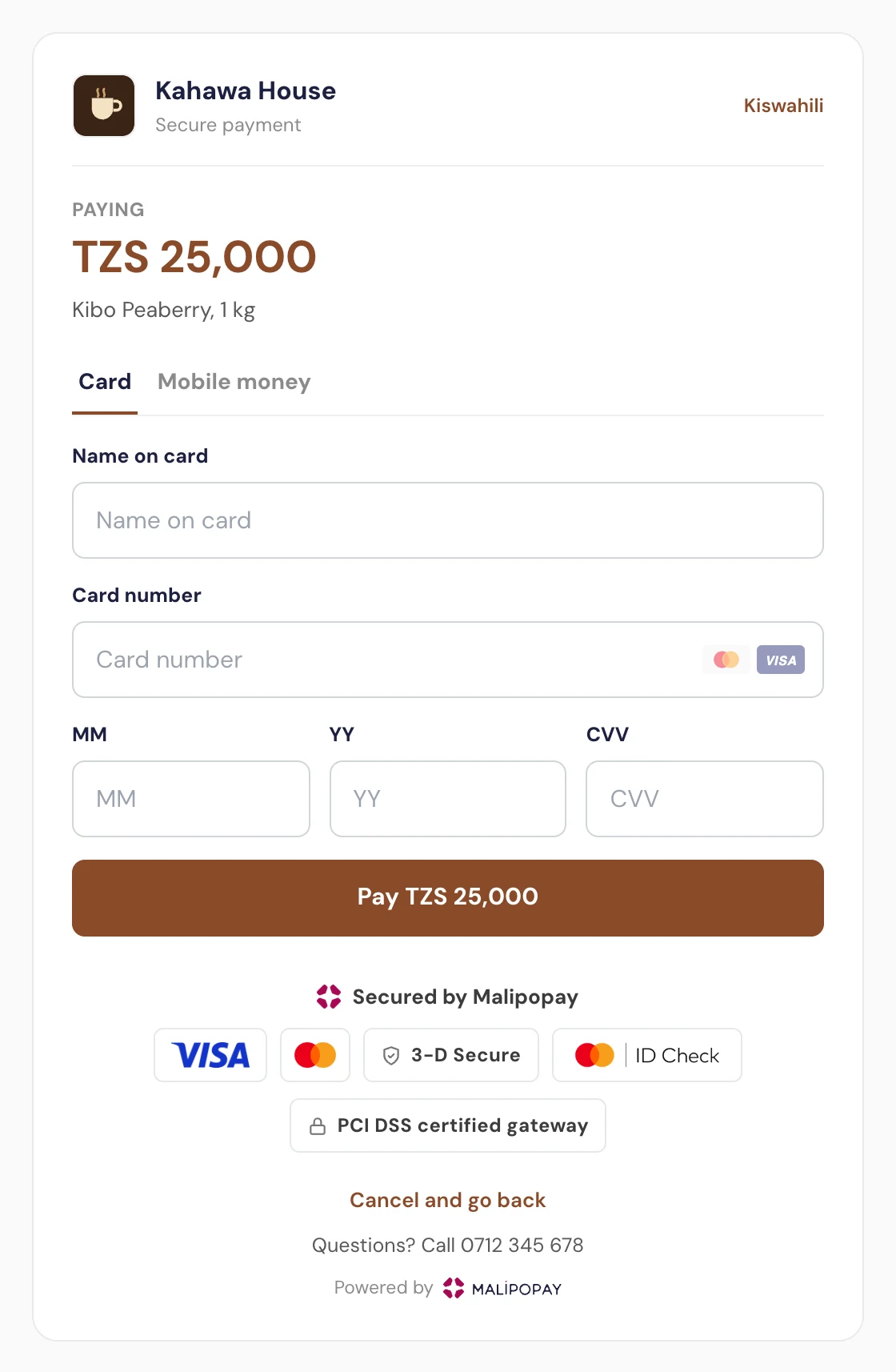 Full card checkout with the Kahawa House logo, the amount, card and mobile money tabs and a brown pay button