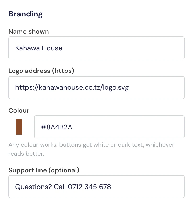 The Branding fields: Name shown, Logo address, Colour with a colour picker and a hex field, and Support line