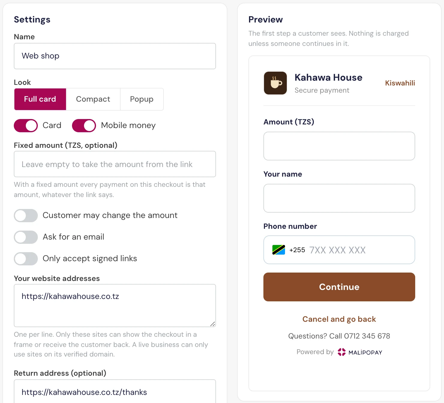 Settings > Checkout: the settings form on the left and a live preview of the checkout on the right