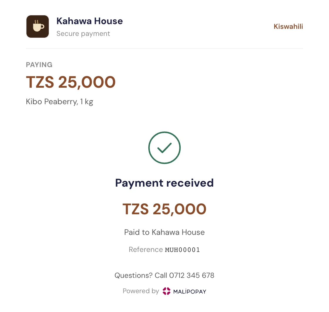 The success screen: a tick, Payment received, the amount in the brand colour, Paid to Kahawa House and the reference